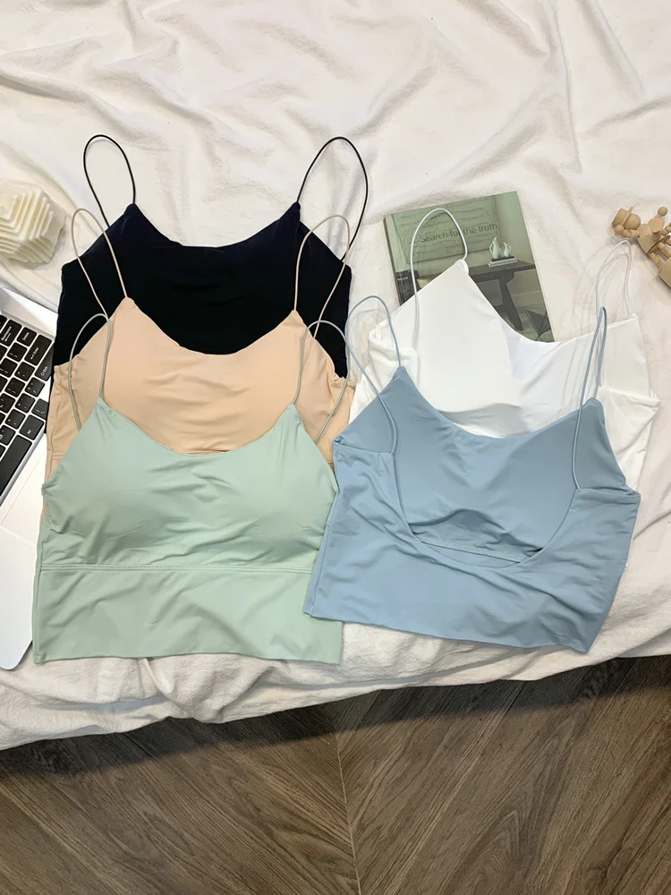 Chaleco de seda fría con tirantes para mujer, estilo corto, para verano, baile y uso doméstico, con almohadillas en el pecho, color crema, diseño sin espalda