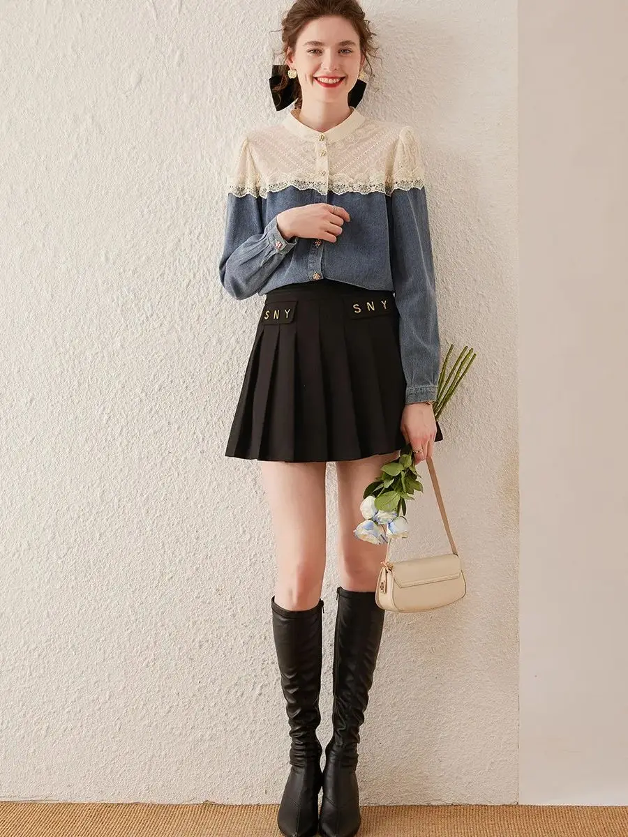 LOUIS YAO Women Color Block Lace Stand-Up Collar Shirt 2023 Autumn Fashionable Denim Blue Long-sleeve Top