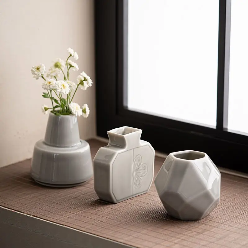 Ice Ash Glazed Porcelain Vases, TV Cabinet, Flower Decoration, Tabletop, Kitchen, Chinese Tea Table, Flower Ware, Household Retr