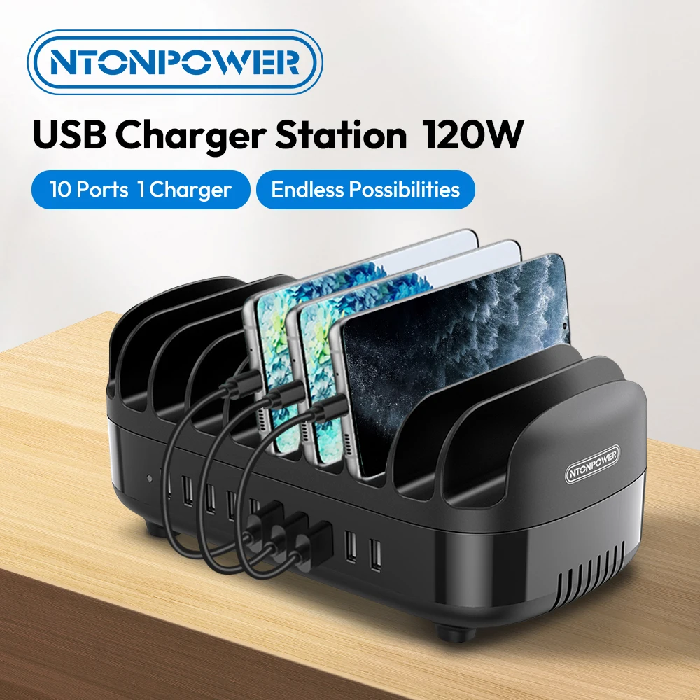 

10 Port Charging Station for Multiple Devices, 120W iPad Charging Station Organizer, USB Charging Docking Station with Cooling F