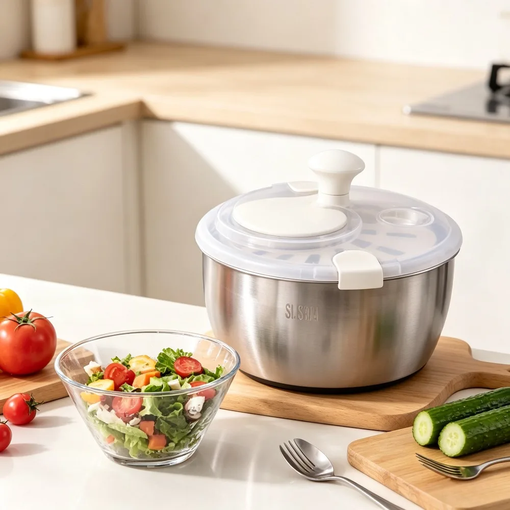 5.3 Quart Stainless Steel Salad Spinner Lettuce Dryer with Drain Basket Non Slip Base Stop Button Vegetable Washing Kitchen Tool