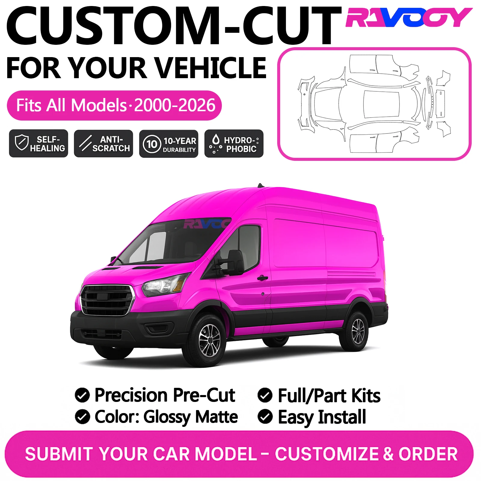 

Custom Precut PPF Kit For Ford E-Transit Custom Tourneo Custom Courier 2024-2026 Paint Protection Film TPU full car front Kit