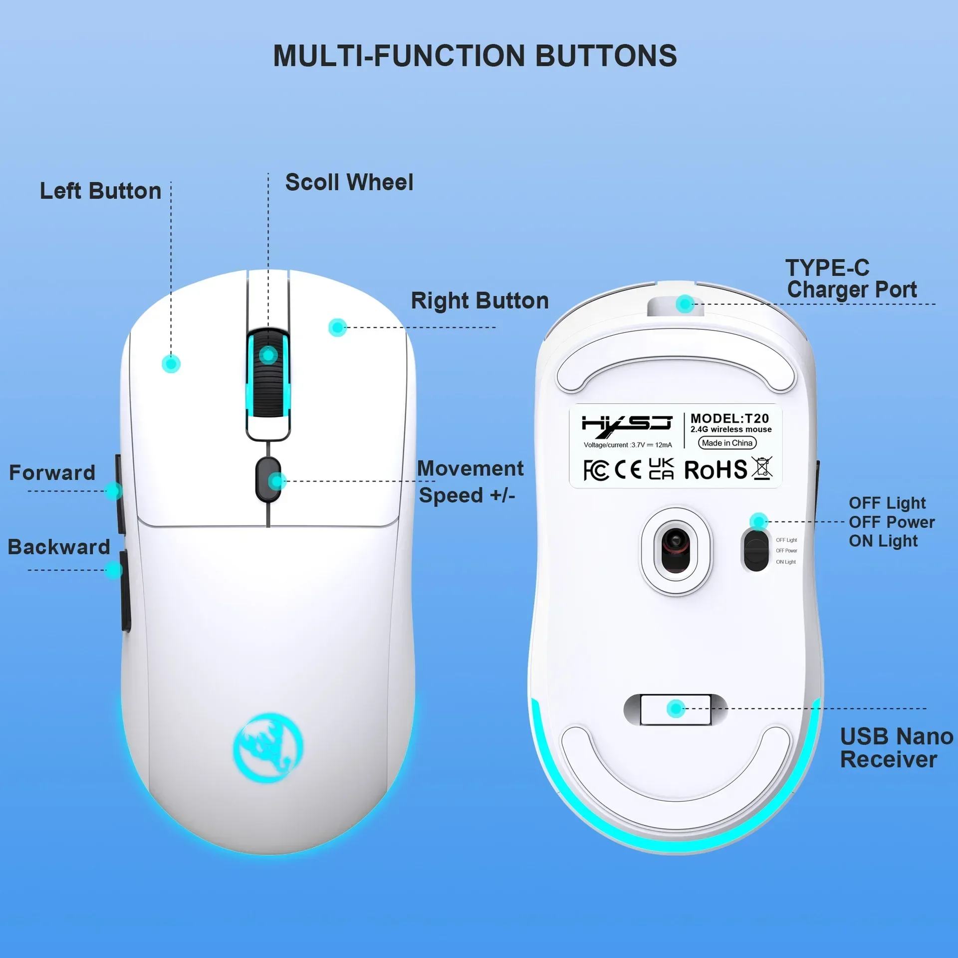 T20 2.4G 650 mAh oplaadbare muis met 4 niveaus bewegingssnelheid, draadloze muis met 6 instelbare knopresolutie