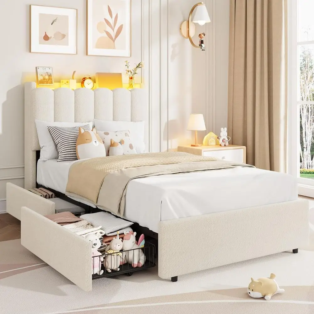 

Garvee LED Twin Size Bed e with Storage board, Kids Bed e with 2 Ders, Boucle Upholstered Platorm Bed or Girls, Chic Wavy board