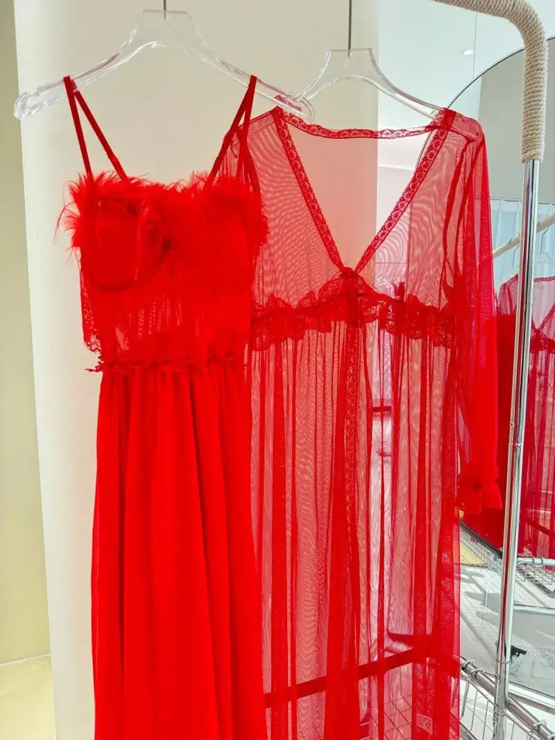 Red Mesh Robe Set Women Sexy Feather Trim Kimono Gown Sexy Spaghetti Strap Sleepwear Bride Wedding Dress Pajamas Suit Lingerie