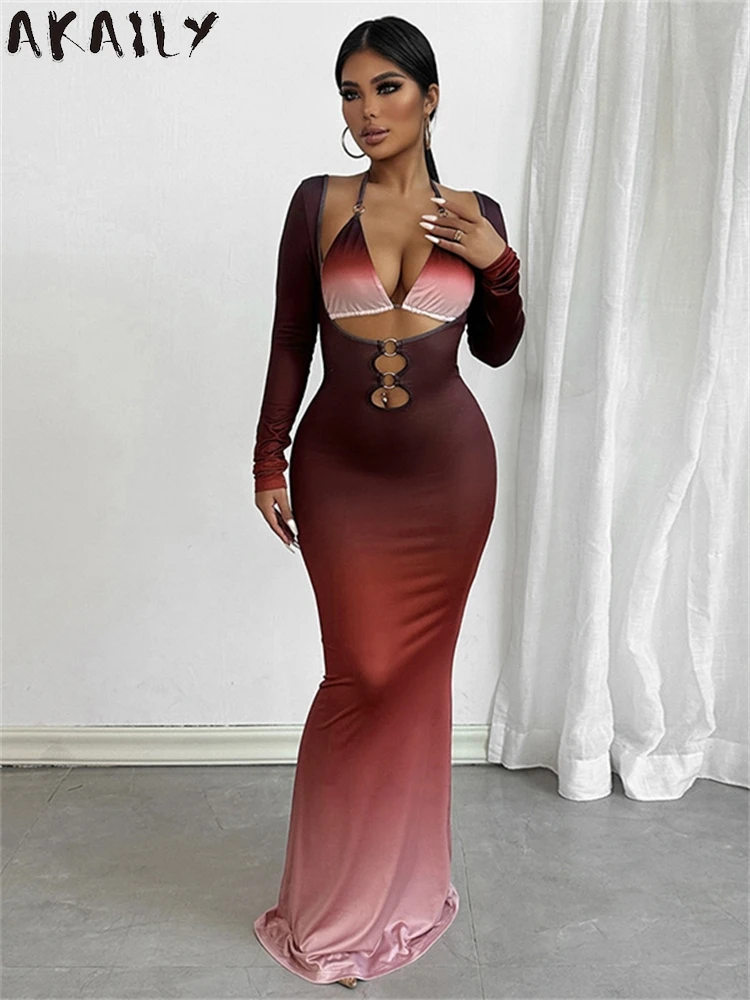 Akaily Winter Elegant Gradient Hollow Out Maxi Dress Women 2024 Sexy Low-Neck Long Sleeve Bodycon Robe Vacation Party Dresses