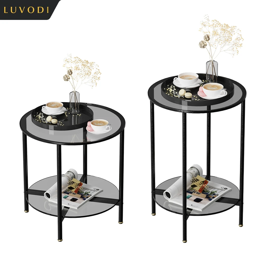 LUVODI Round Tempered Glass Coffee Table Living Room Sofa End Table with 2-tier Storage for Home, Office