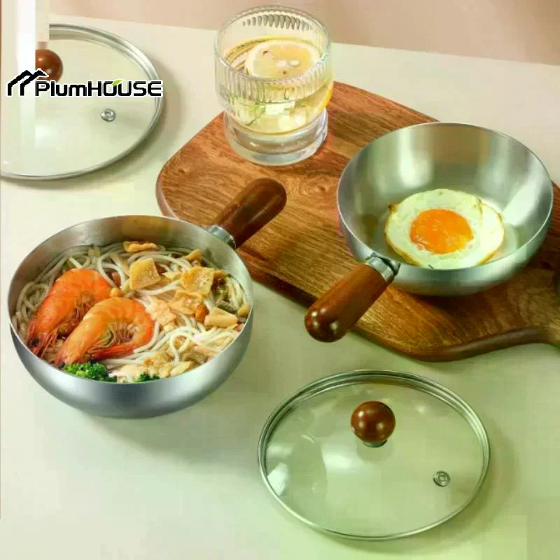 17cm Single-person Pot Stainless Steel Bowl Walnut Wood Handle Fruit Salad Yogurt Bowl Restaurant Breakfast Cooking Tool