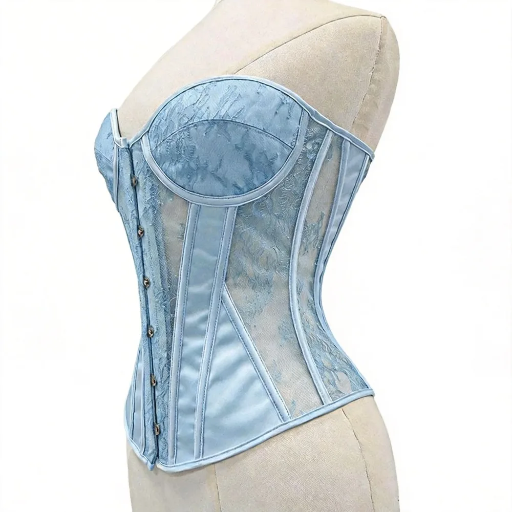 Women Mesh Corset Bustier OverBust With Cups Transparent Bodice Tube Top Lace Up Boned Shaping Tops Wedding Party