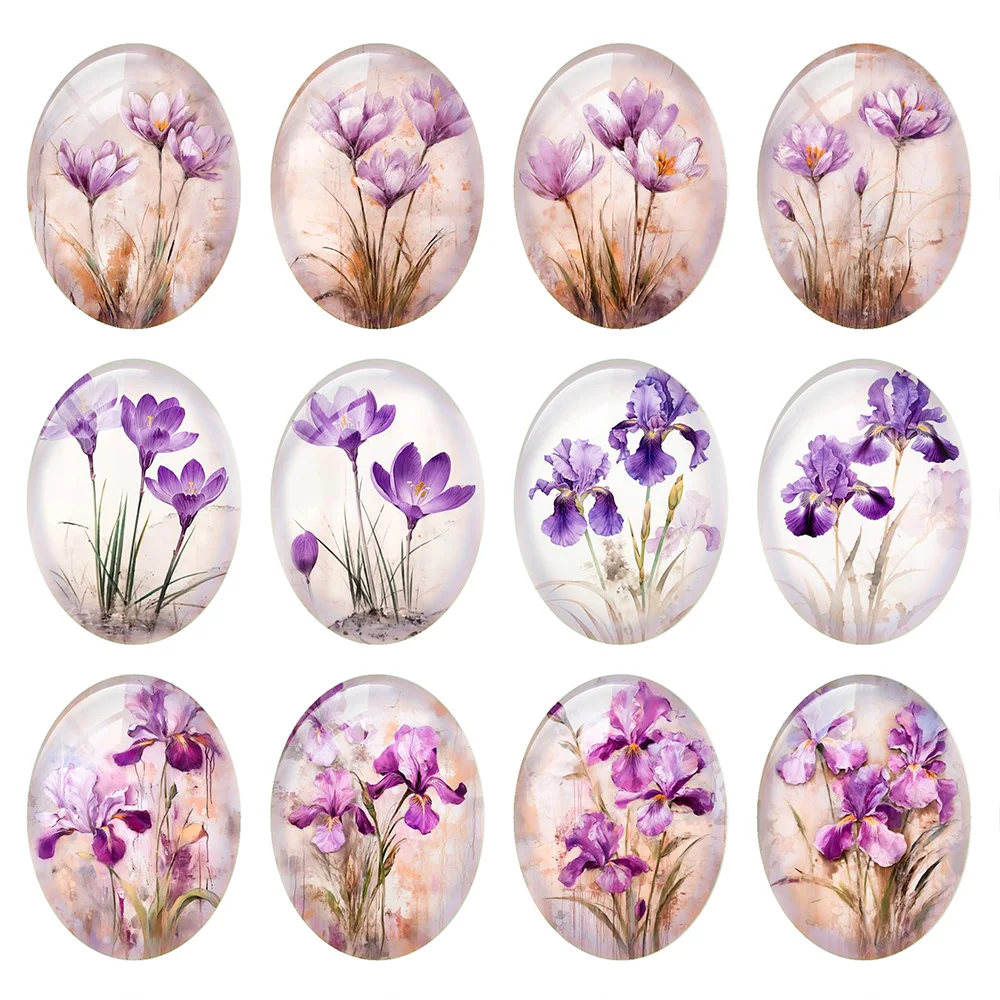 Random Mixed Round/Oval/Square Purple Orchid Flower Photo Glass Cabochon Flatback Demo Cameo For Diy Jewelry Making