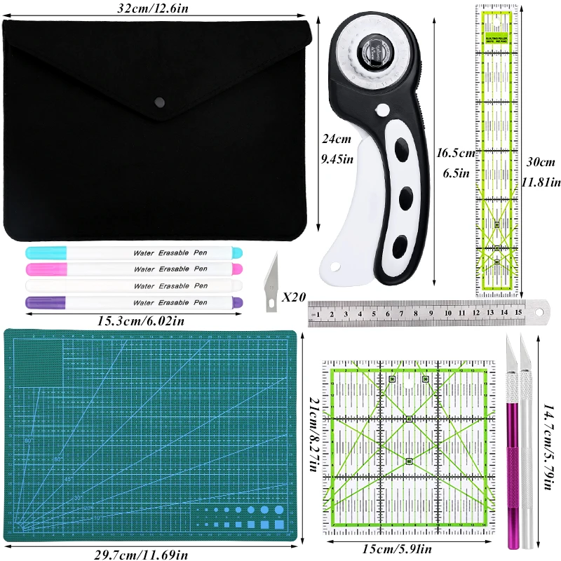 Fenrry 32Pcs 45mm Rotary Cutter with Cutting Mat Patchwork Ruler Fabric Precision Knife for Cloths Fabric Leather DIY Sewing