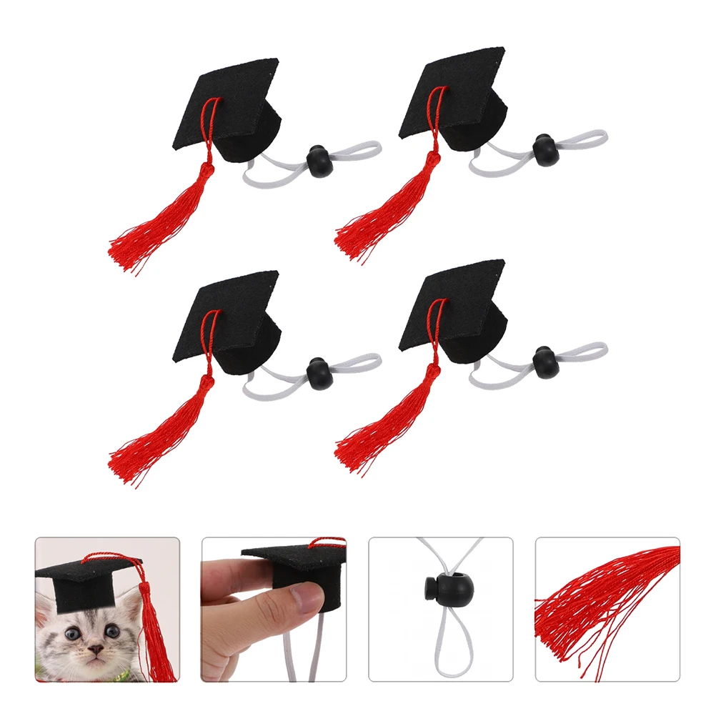

4 Pcs Pet Bachelor Hat Set Mini Graduation Caps Bow Ties Red Tassel Decorations Dog Clothes Adjustable Size Pet Supplies