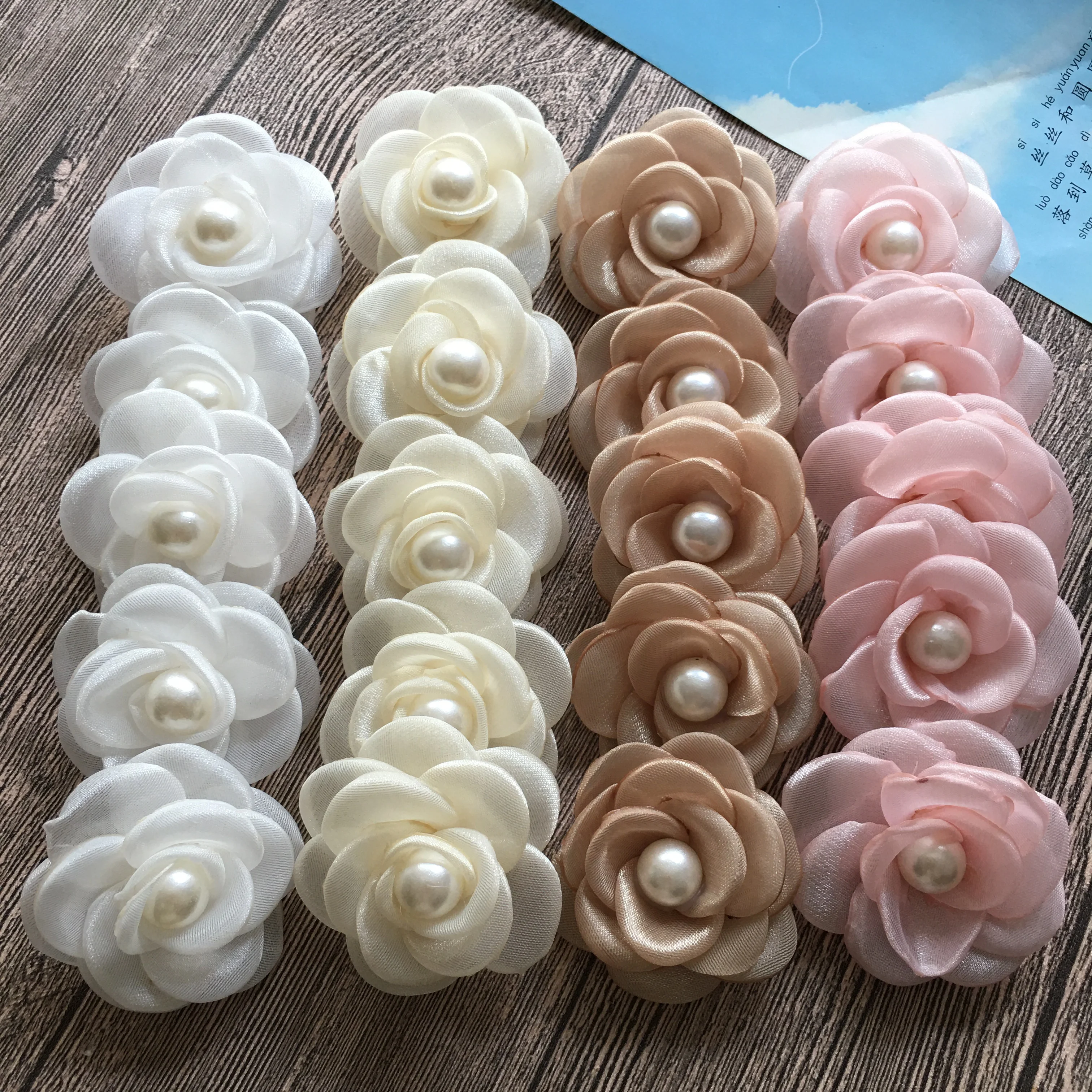 2.0 Inch Solid Burned Fabric Flowers With Pearl Flat Back Children DIY Accessories Organza Rosette For Hats Shoes Garment