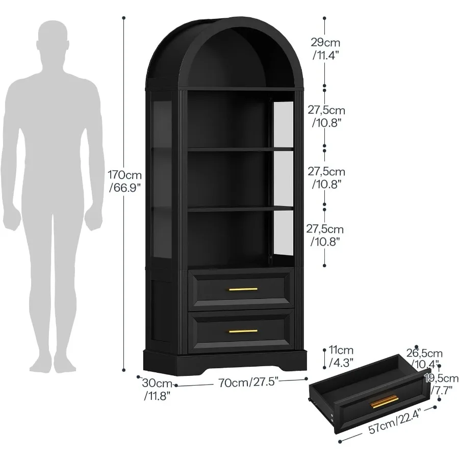 Display Cabinet, Tall Arched Bookcase with 2 Storage Drawers, Farmhouse Wooden Curio Cabinets with Lights, Open Storage Book Sh