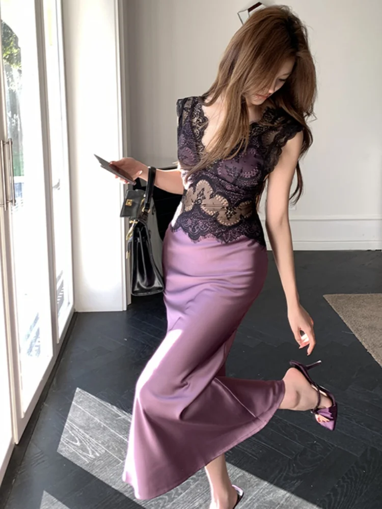 春夏新作ライト高級痩身レーススプライシング中空アウトドレス女性のためのハイウエストノースリーブ V ネックマーメイドドレス