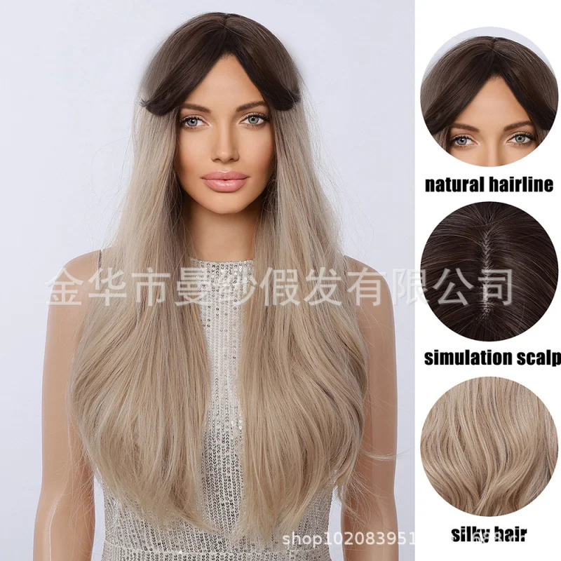 Wavy bangs with gradient light brown color, large waves, high-temperature synthetic fiber wig