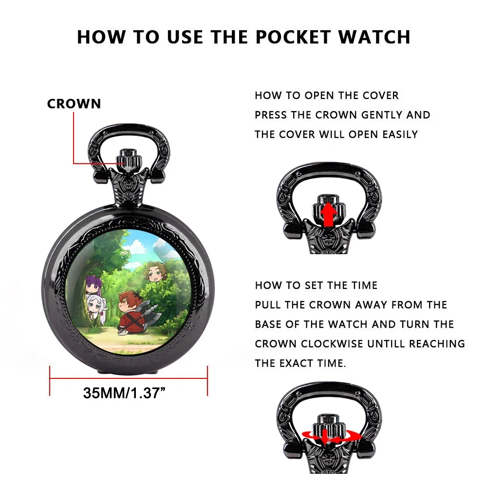 Frieren: Za Granicą Drogowego Czasu Zegarek Kieszonkowy z Szklaną Kopułą i Łańcuszkiem Naszyjnik Vintage Kwarcowy Zegarek Męski Damski Prezent