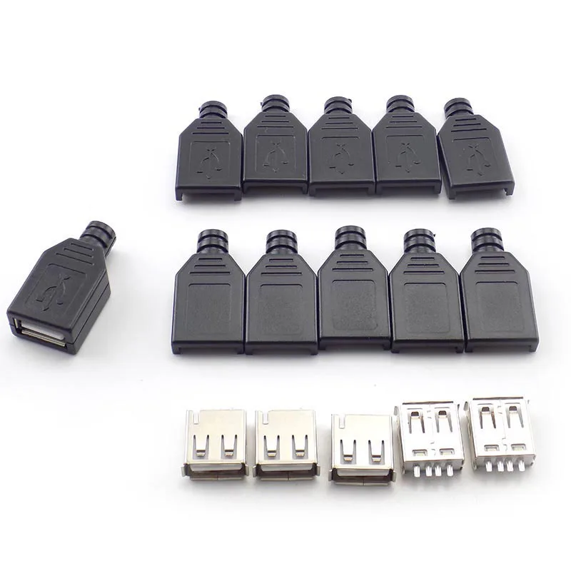 10pcs USB Connector Type A Female USB 2.0 4 Pin Adapter Socket Solder With Black Plastic Cover DIY Connector Plug W28