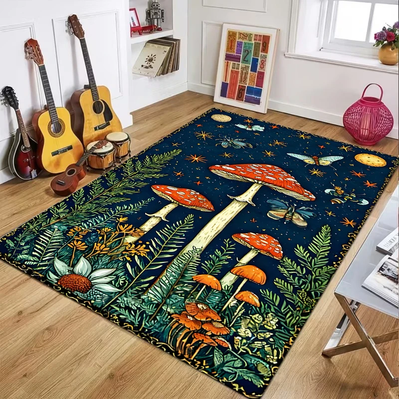 Dark Blue Magical Forest Night Mushroom Fern Plants Pattern Carpet Rug Mat Home Decoration Gold Bedroom Room Floor Mat