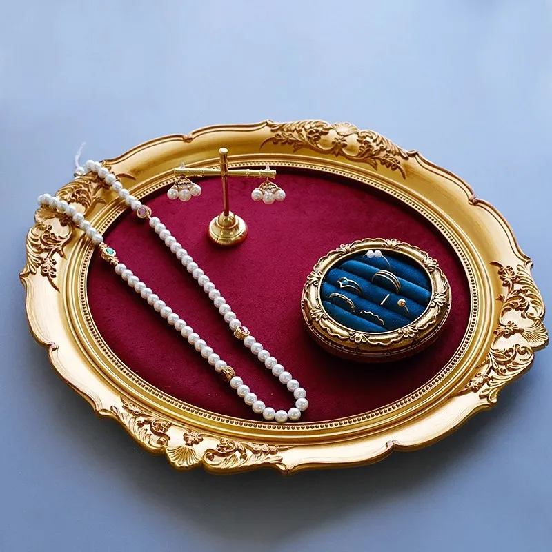 

Vintage Red Flannelette Jewelry Display Tray Oval Photo Frame Necklace Earring Ring Organizer Holder Decorative Display Stand
