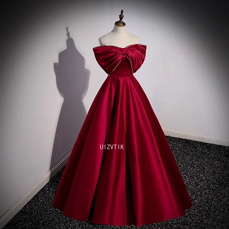 

Burgundy Elegant Prom Dress for Woman Off The Shoulder Big Bow Occasion Party Evening Gowns Customized Formal Occasion Dresses