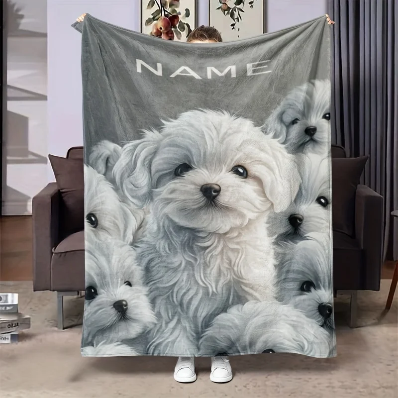 Customized Name: Personalized Cute Dog Flannel Blanket, Modern Style, Suitable for All Seasons, Soft Knitted