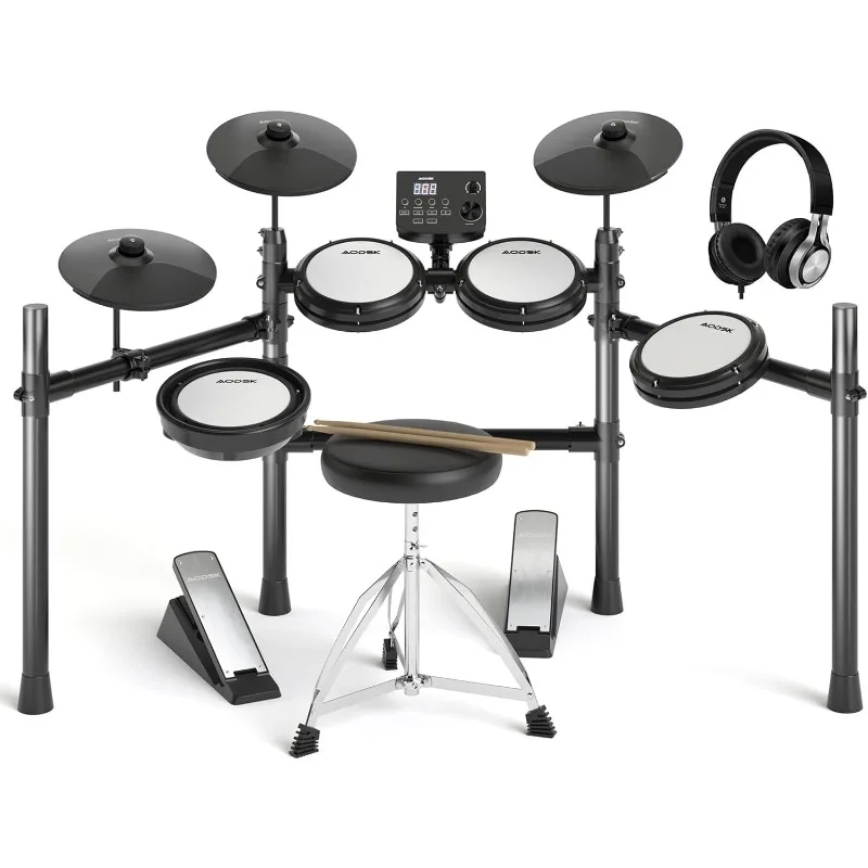 Electric Drum Set with Silent Mesh Pads, Beginner Electronic Drums, USB MIDI, Throne, Headphones, Drum Sticks