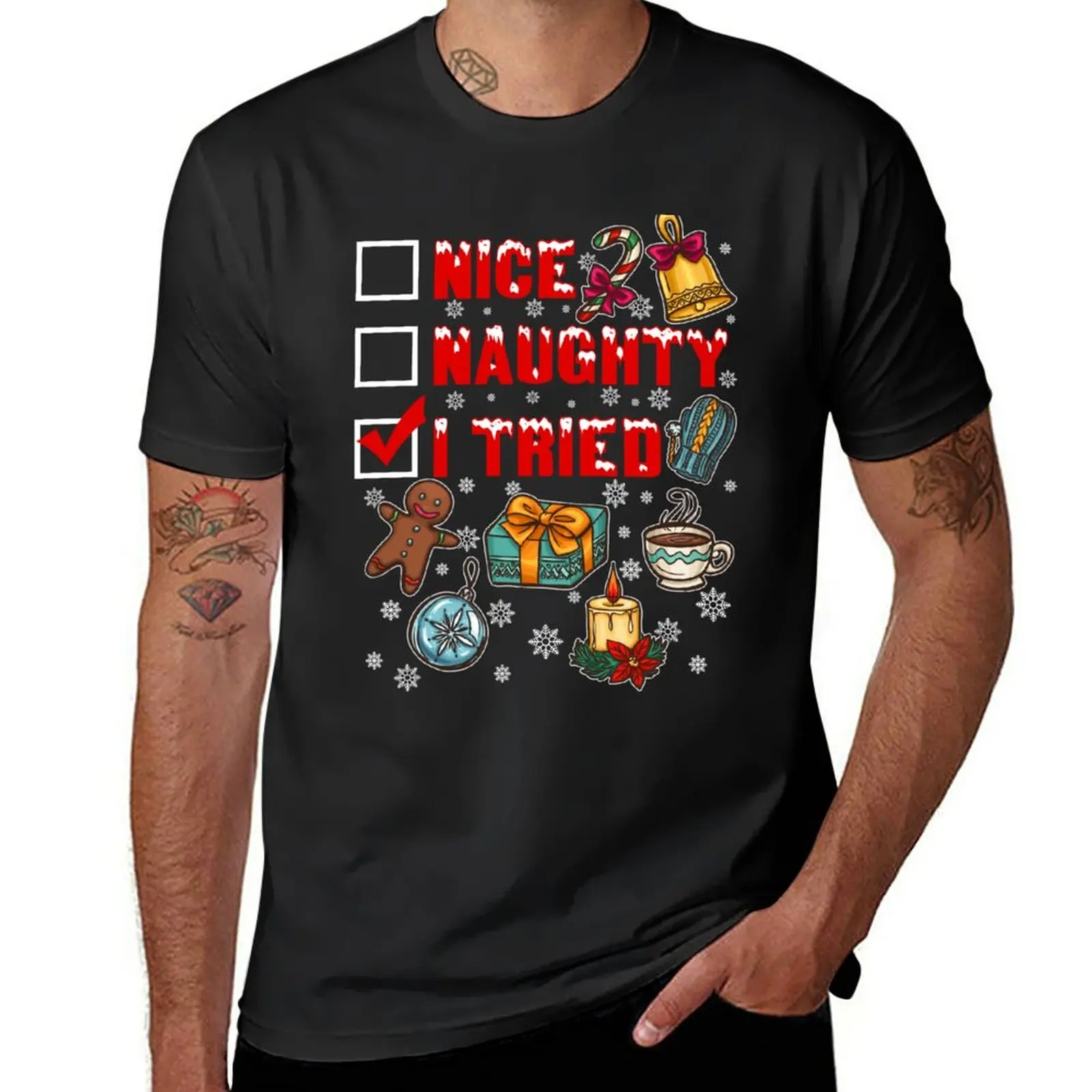 

Nice Naughty I Tried Funny Christmas T-Shirt quick drying t-shirt vintage t shirt t shirts for men cotton