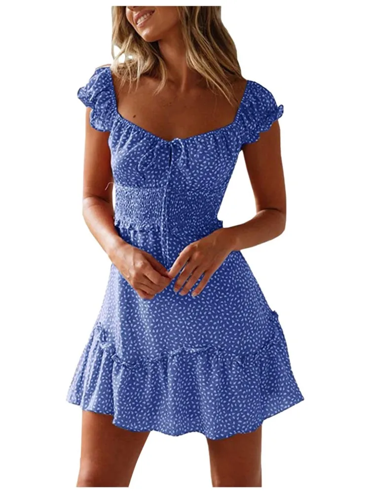 2025 Women's Sexy Ruched Printed Mini Dresses Short Sleeve Heart Neckline Lace Up Short Dress Vintage Boho Floral Summer Dress