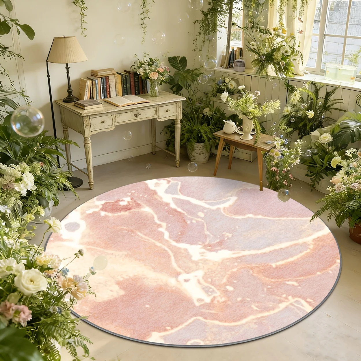 Abstract Pink Marble Vein Retro Style Round Welcome Mat For Boutique And Coffee House Entrance Door Decor