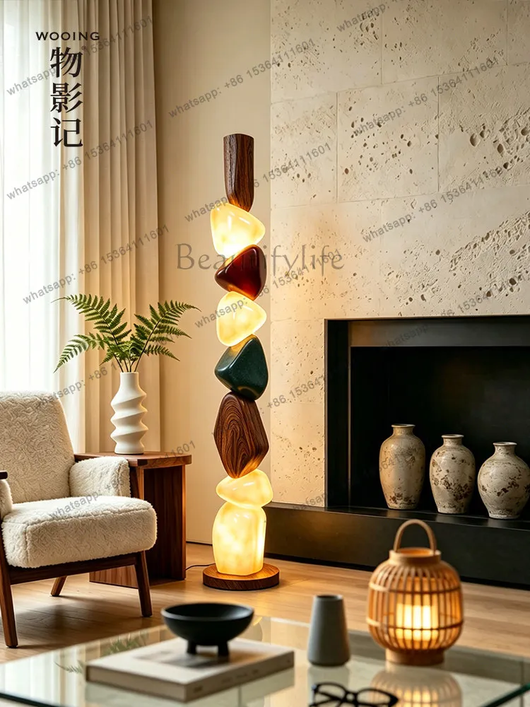 Medieval stacked stone floor ornament, living room, bedroom, next to the sofa, designer creative retro luminous atmosphere