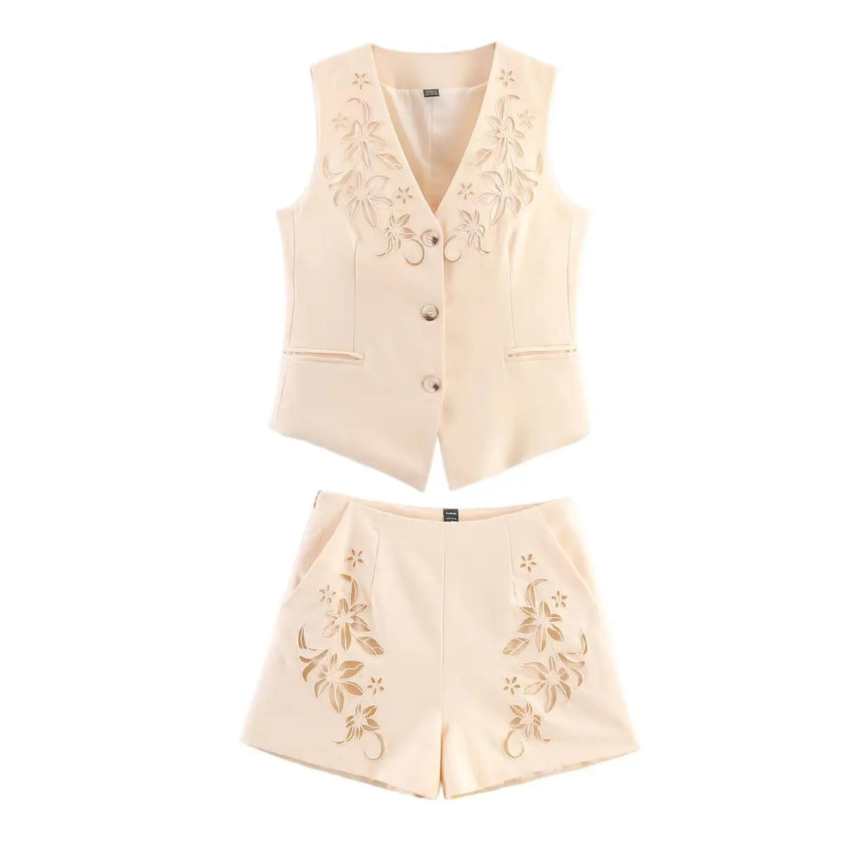 

Women Casual Chic Suit Solid V-Neck Sleeveless Hollow Out Embroidery Vest Blazer Straight Shorts New Fashion 2025 Summer Sets