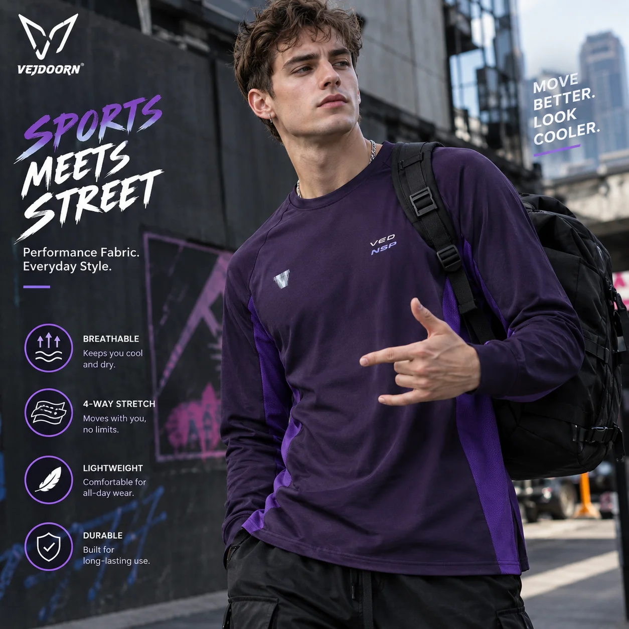 Veidoorn Long Sleeve Sports Casual T‑shirt Mesh Panel Splicing Design Loose Fit Breathable Athletic Training Tee for Men