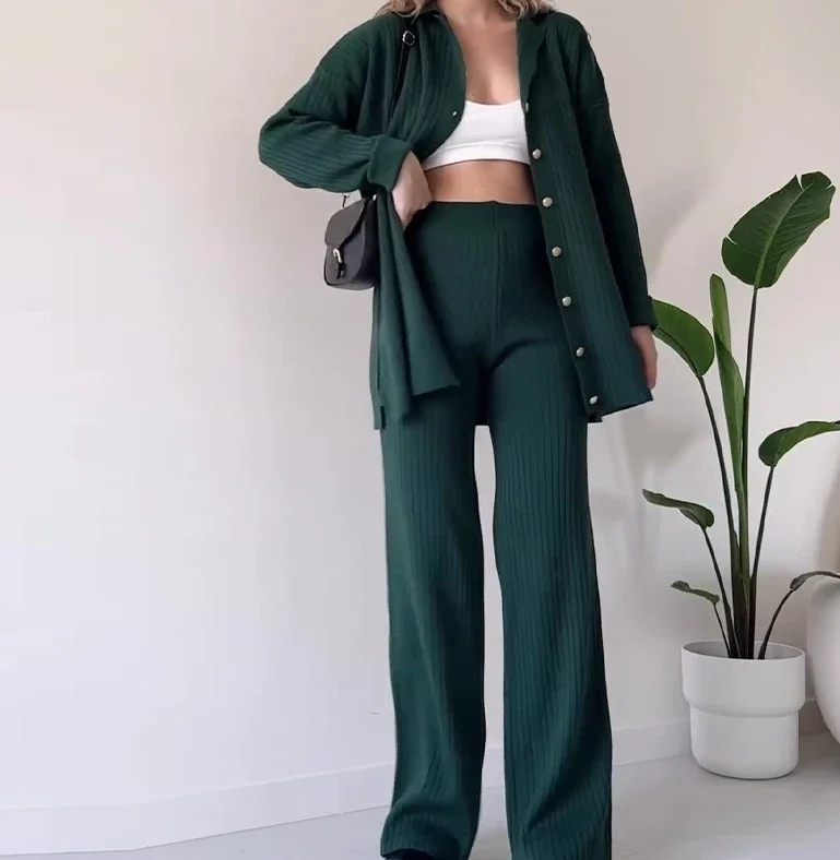 

Two Piece Set Women Outfit Autumn Fashion Solid Button Casual Lapel Long Sleeved Top & High Waist Wide Leg Home Pants Set