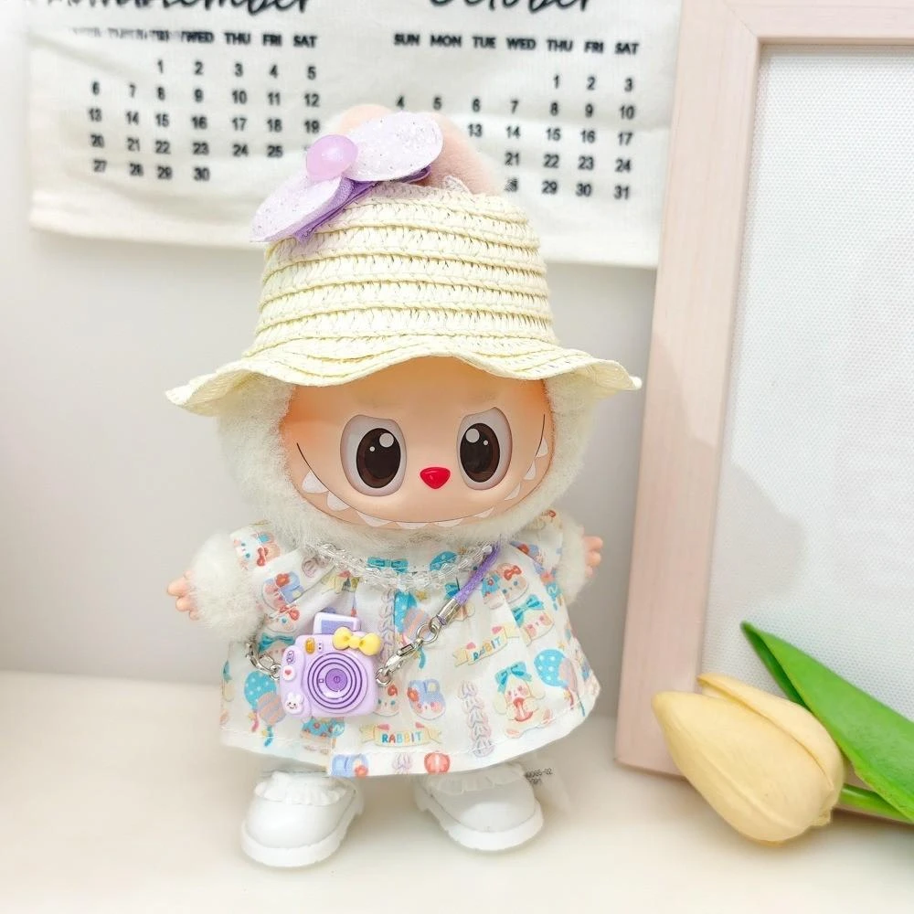 Mini Doll'S Clothes Outfit Accessories For 15-17cm Labubu Idol 10cm cotton doll Summer straw hat bow cute dress Clothing