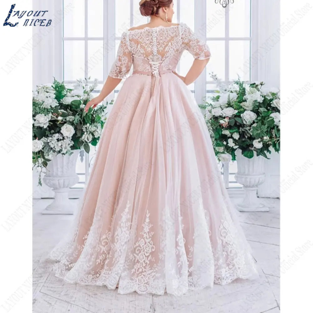 LAYOUT NICEB Lace Appliques Plus Size abiti da sposa mezza manica abiti da sposa Back Lace Up a-line Tulle Custom Made vestido 2024LAYOUT NICEB Lace Appliques Plus Size abiti da sposa mezza manica abiti da sposa Back L