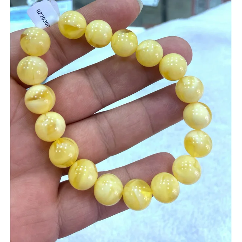 

Certified 12mm Natural Mexico Yellow Amber Beeswax Barrel Bead Bracelet AAA