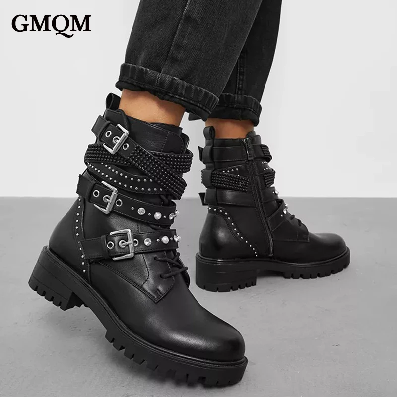 GMQM Fashion Women\'s Ankle Boots New 2024 Lace-Up Round Toe Shoes Punk Gothic Style Buckle Strap Rivet Motorcycle Shoes Black