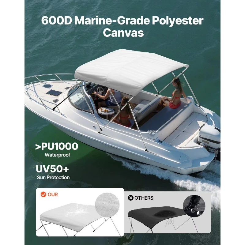 600D polyester triple bow marine awning with aluminum frame, waterproof sunshade marine awning with storage space
