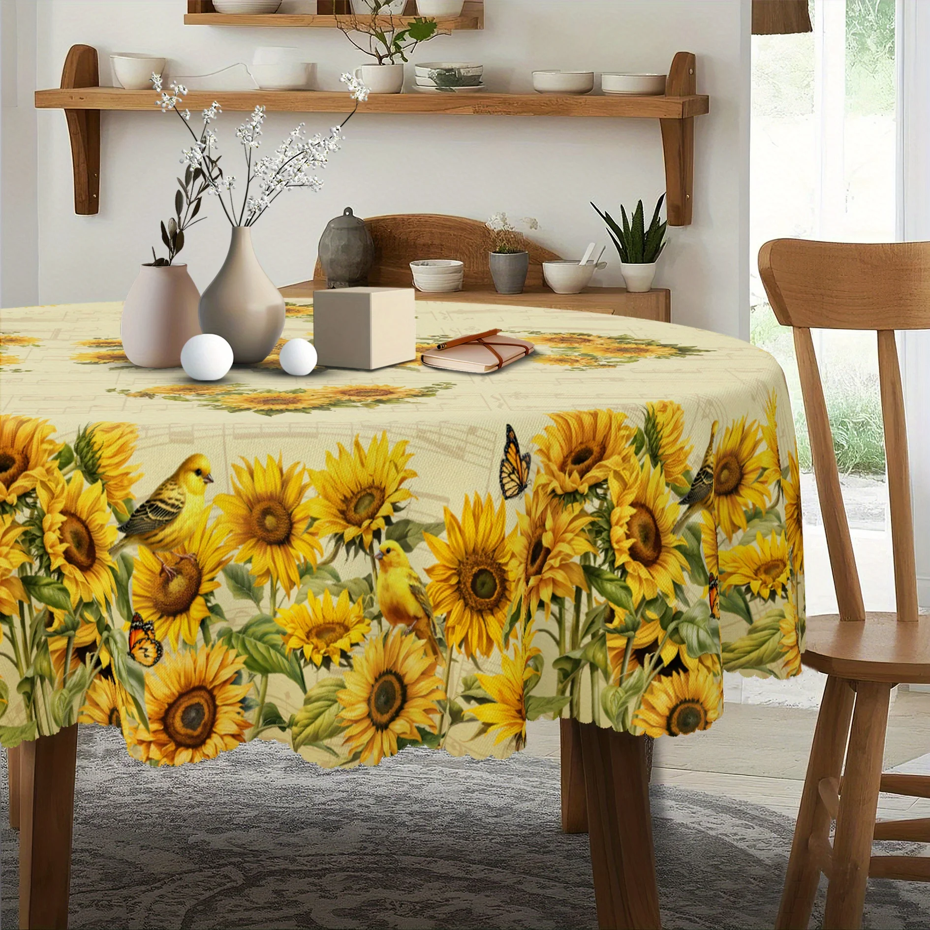 One sunny yellow sunflower tablecloth with a retro design featuring yellow birds