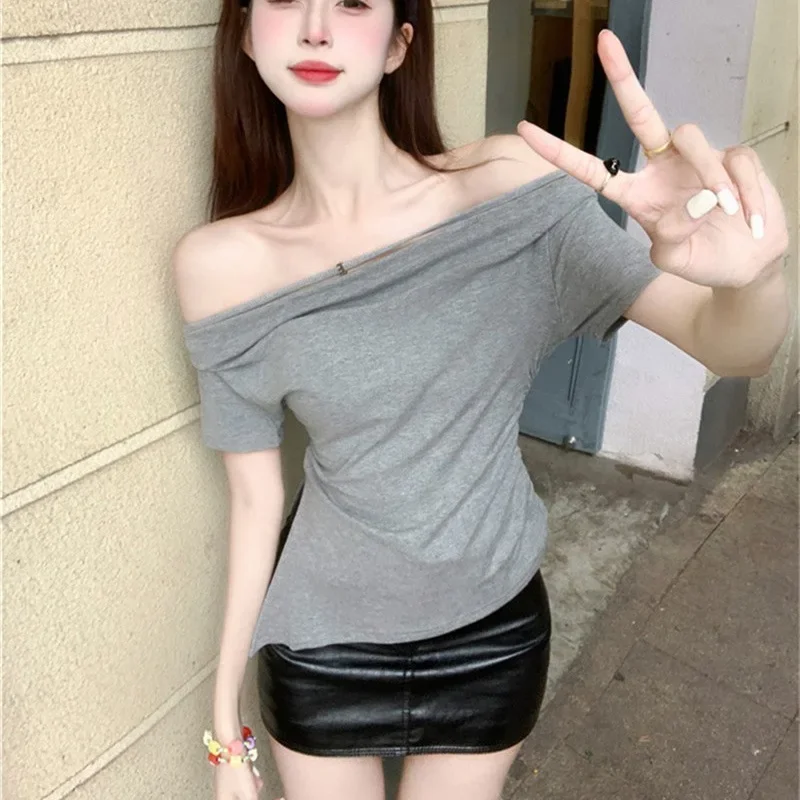 Factory Cross-Border Women's Waist-Fitted Short Sleeve T-Shirt Off-The-Shoulder Slimming Top Summer Fashion Taobao