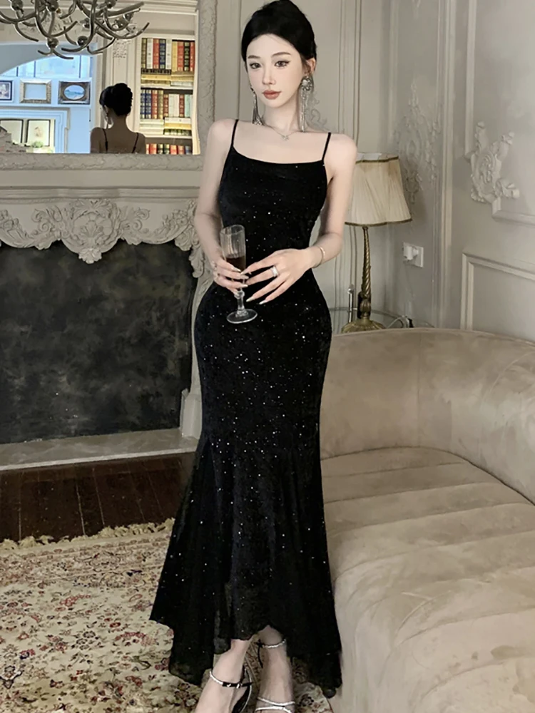

2025 Black Sequins Luxury Ruffled Mermaid Dress Women Korean Vintage Hepburn Sling Dress Spring Elegant Festival Evening Dresses