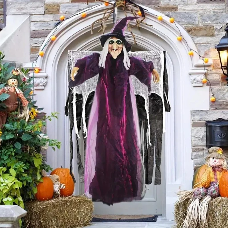 2026 Halloween Spooky Voice Control Lumious Talking Witch Outdoor Purple Animatronic Witch Decor Prop Red Eye Animated Witch view 3