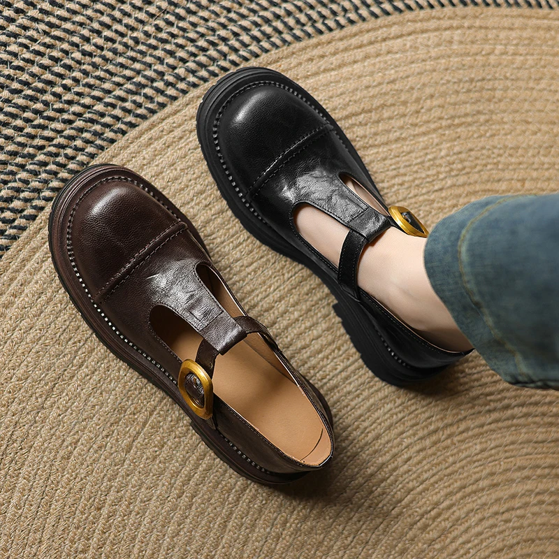 2026 new spring summer women pumps natural leather plus size 22-26.5cm sheepskin+pigskin round toe t-buckle platform women shoes