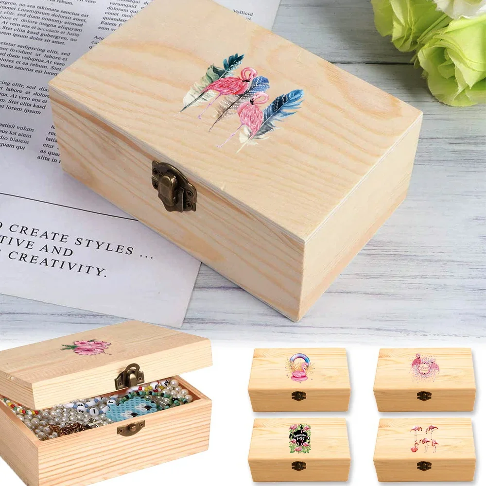 Caja de almacenamiento rectangular de madera, con tapa abatible, a prueba de polvo, organizador de almacenamiento de madera, accesorios de escritorio, diseño con motivos de flamencos.
