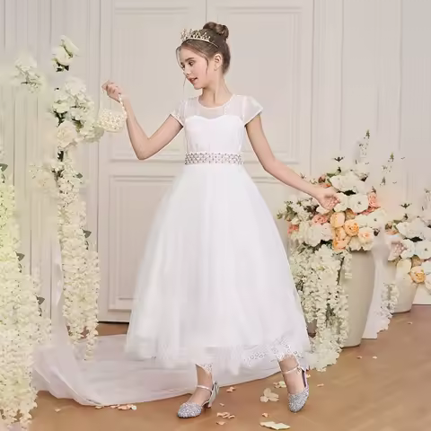 White Lace Bridesmaid Girls Dress Elegant Flower Wedding Princess Evening Prom Gown First Communion Baptism Birthday Party Dress