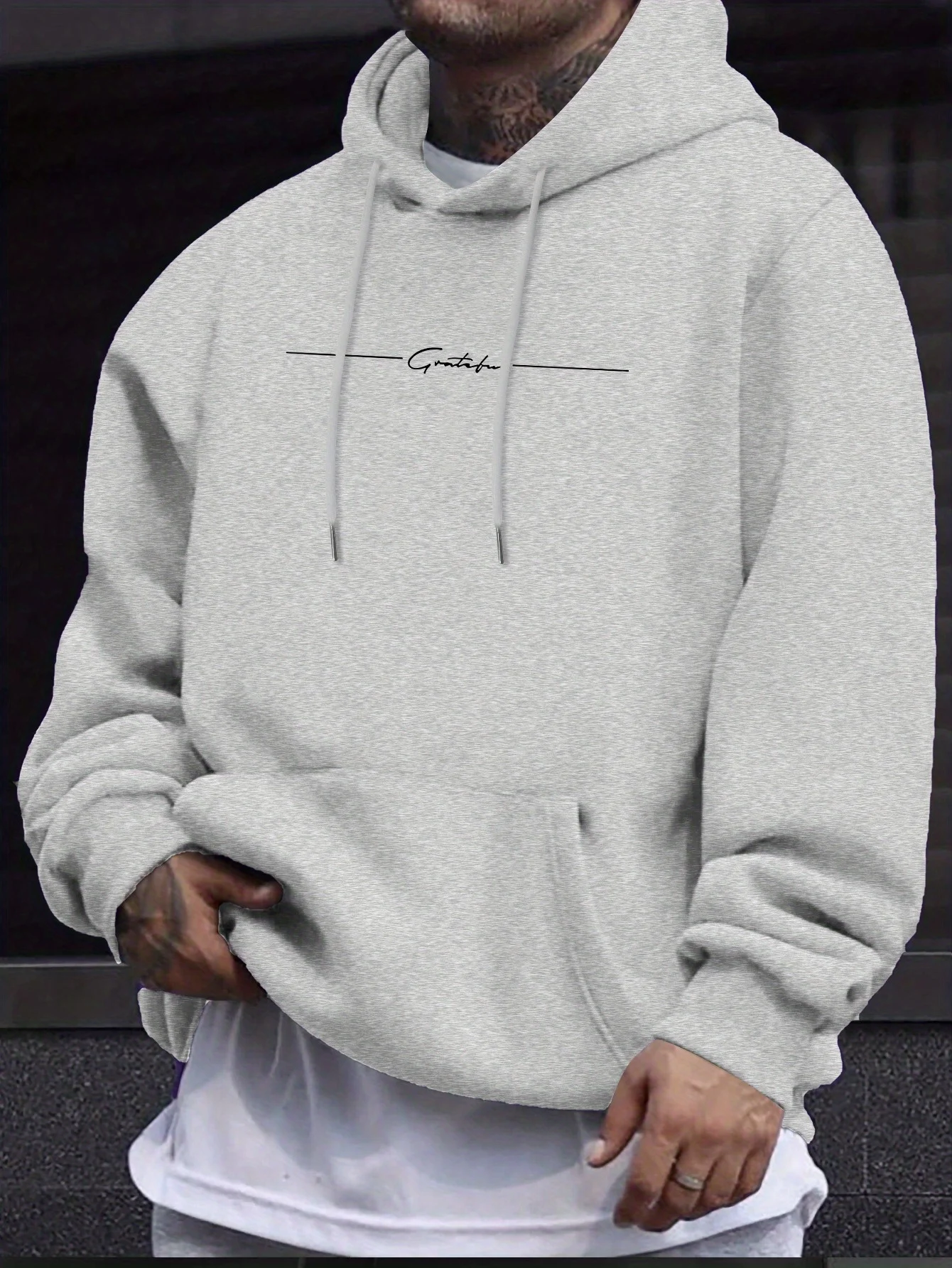 Men Grateful Cursive Script Letter Print Hoodie Loose Pullover Hooded Sweatshirt Minimalist Casual Urban Streetwear Hoodies