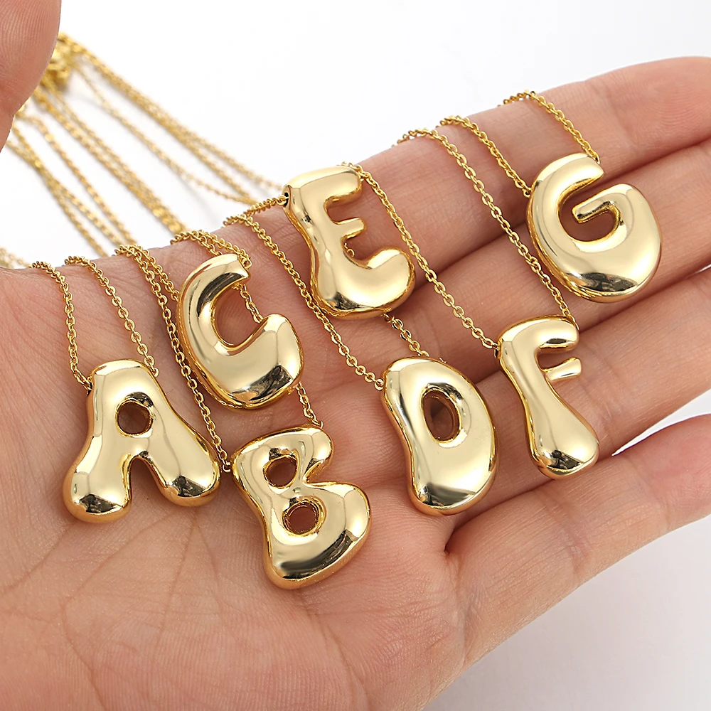 Initial Bubble Name Necklace Stainless Steel 3D Letter A-Z Puff Necklace for Family Women Men Mother Day Gift Gild Color Jewelry