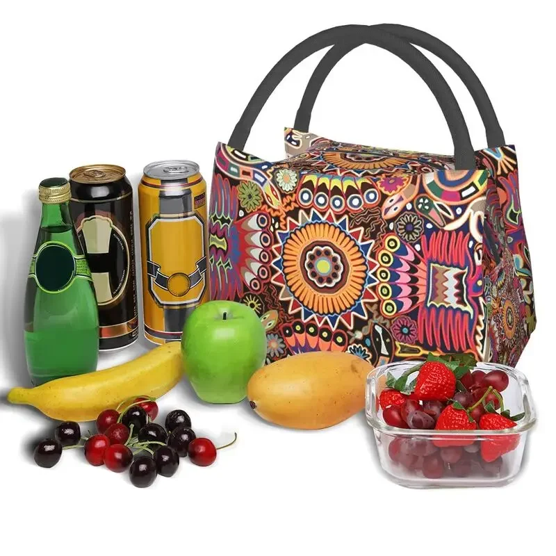 Mexican Huichol Thermal Insulated Lunch Bag Women Portable Lunch Tote for Outdoor Picnic Multifunction Meal Food Box