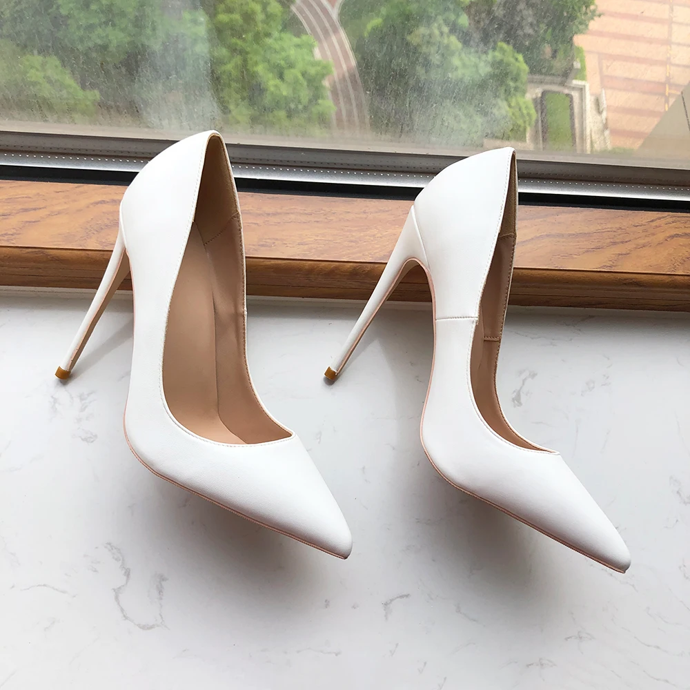 Tikicup White Matte Women Classic Style Pointy Toe High Heel Dress Shoes Elegant Ladies Slip On Stiletto Pumps 8cm 10cm 12cm